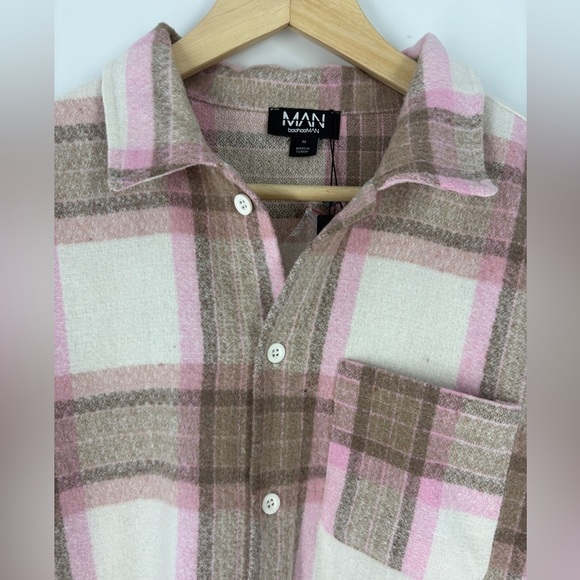 Boohoo Men's Pink and Brown Plaid Shirt Jacket - Picture 5 of 11